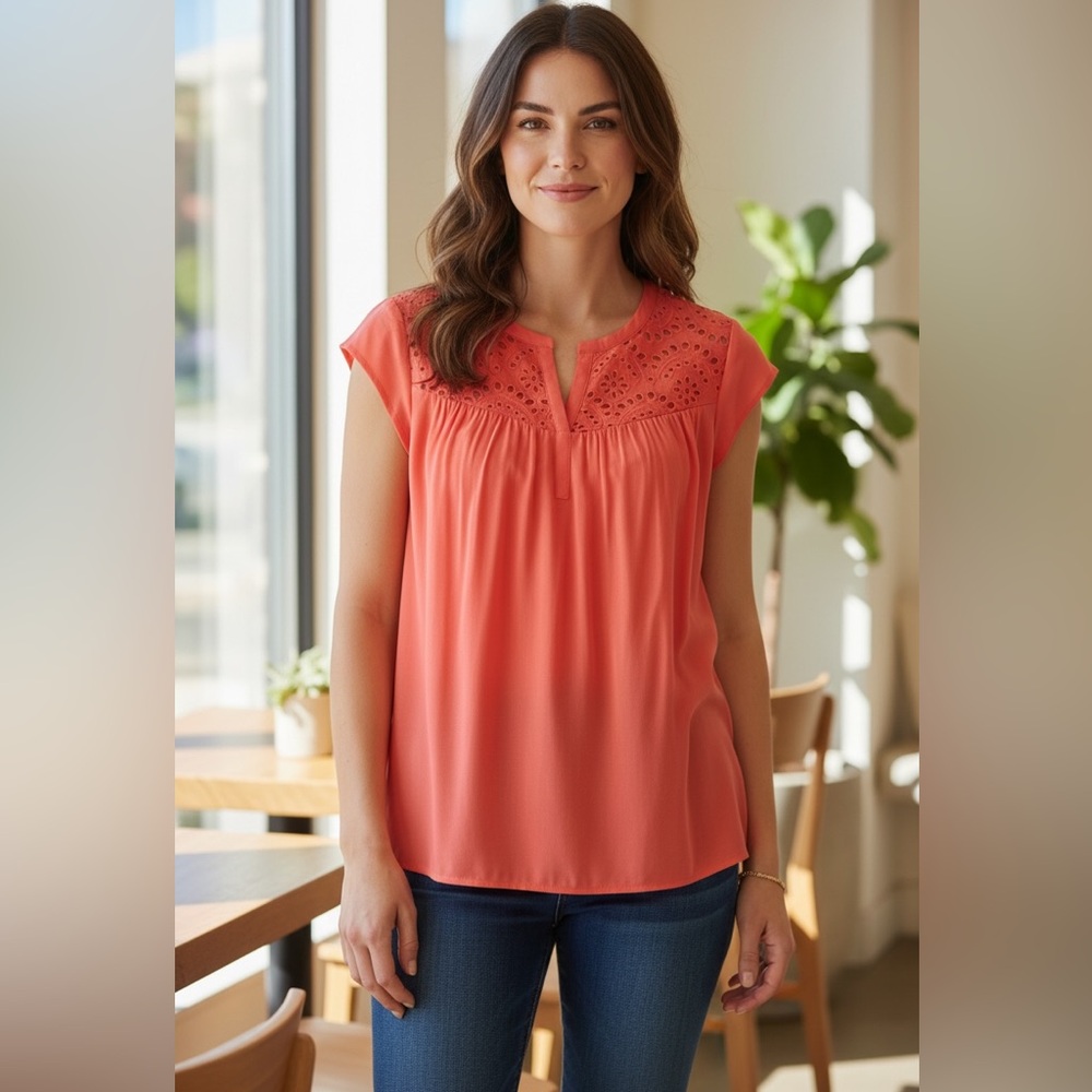 Daniel Rainn Stitch Fix Kiara Eyelet Detail Top Coral Short Sleeves Small‎ NWT